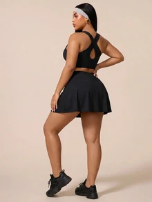 SHEIN Rhythm Era Plus Size Women's Solid Color Cutout Waist Sleeveless Athletic Dress - Black - View 2