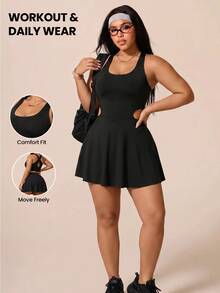 SHEIN Rhythm Era Plus Size Women's Solid Color Cutout Waist Sleeveless Athletic Dress - Black - View 1