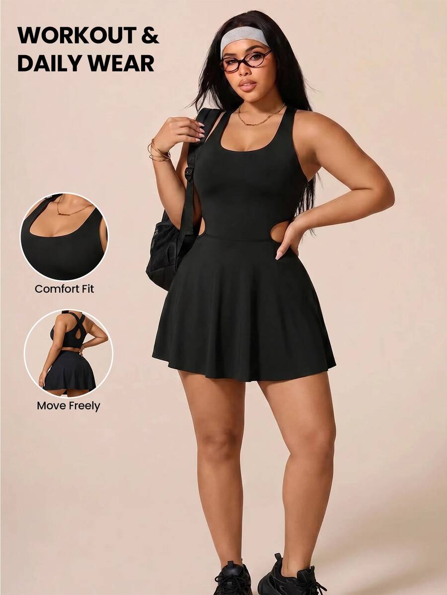 SHEIN Rhythm Era Plus Size Women's Solid Color Cutout Waist Sleeveless Athletic Dress - Black - View 1