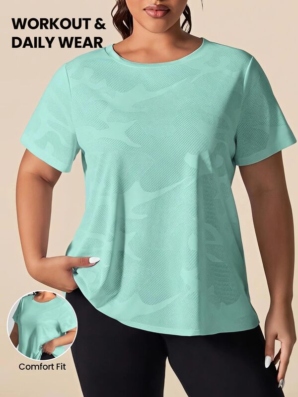 SHEIN Rhythm Era Women Plus Size Camo Print Short Sleeve Breathable Comfortable Workout T-Shirt Gym Shirts Glowmode