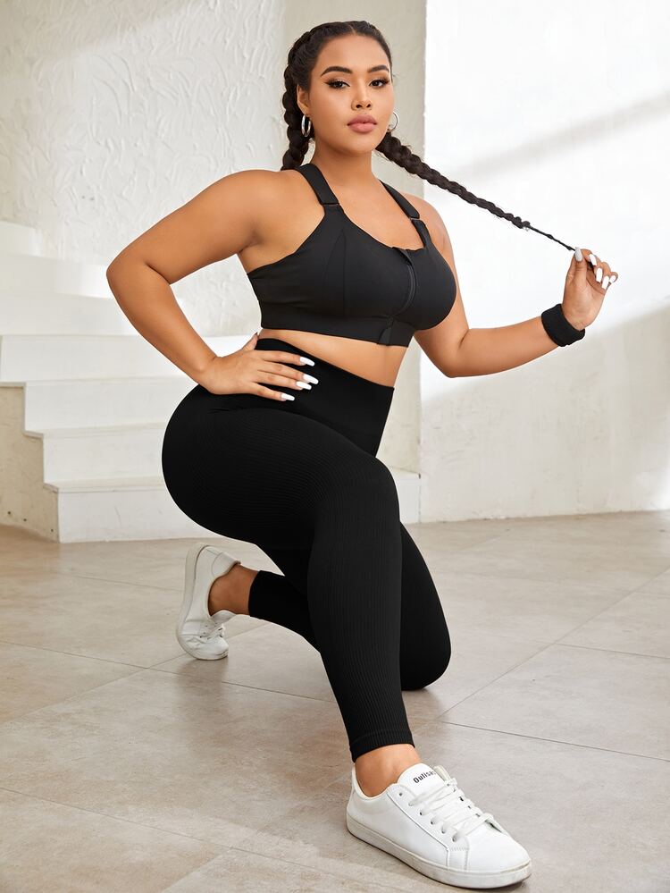 SHEIN Rhythm Era Plus Size Solid Wideband Waist Sports Leggings Yoga Women Pants - Black - View 7