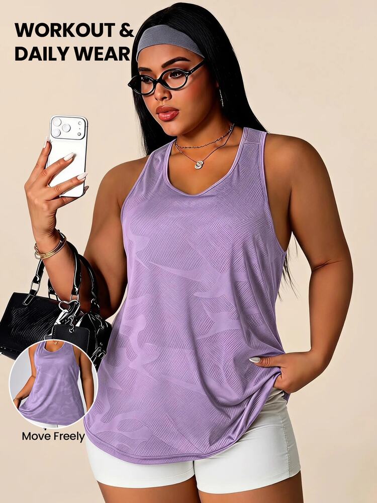 SHEIN Rhythm Era Plus Size Women's Camouflage Print Casual Athletic Fitness Sports Tank Top Gym Purple Summer Gym - Lilac Purple - View 1