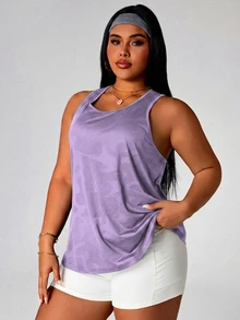 SHEIN Rhythm Era Regata Esportiva Casual Fitness com Estampa Camuflada para Mulheres Plus Size - Lavanda - Visão 3