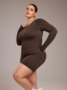 SHEIN Unity Plus Size Women's Brown Winter Athletic Pilates Solid Round Neck Long Sleeve Fitted Jumpsuit Shapewear Tummy Control Seamless Bodysuit Romper - Brown - View 4