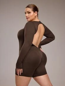 SHEIN Unity Plus Size Women's Brown Winter Athletic Pilates Solid Round Neck Long Sleeve Fitted Jumpsuit Shapewear Tummy Control Seamless Bodysuit Romper - Brown - View 2