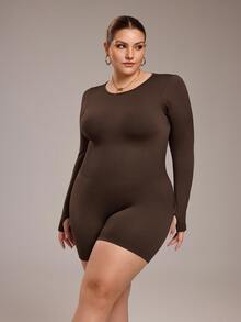 SHEIN Unity Plus Size Women's Brown Winter Athletic Pilates Solid Round Neck Long Sleeve Fitted Jumpsuit Shapewear Tummy Control Seamless Bodysuit Romper - Brown - View 6
