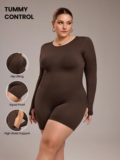 SHEIN Unity Plus Size Women's Brown Winter Athletic Pilates Solid Round Neck Long Sleeve Fitted Jumpsuit Shapewear Tummy Control Seamless Bodysuit Romper