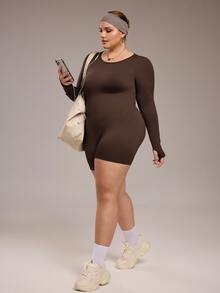 SHEIN Unity Plus Size Women's Brown Winter Athletic Pilates Solid Round Neck Long Sleeve Fitted Jumpsuit Shapewear Tummy Control Seamless Bodysuit Romper - Brown - View 5