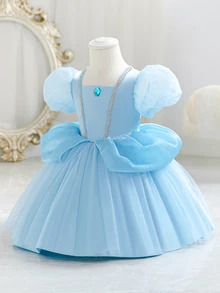SHEIN Glamorique Kids 女嬰公主禮服，水藍色薄紗，生日正式派對，婚禮度假舞會長裙，泡泡袖，水鑽，派對裝，秋季優雅可愛 - 藍色 - 查看 5