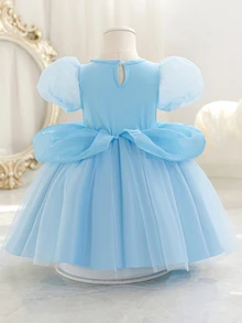 SHEIN Glamorique Kids 女嬰公主禮服，水藍色薄紗，生日正式派對，婚禮度假舞會長裙，泡泡袖，水鑽，派對裝，秋季優雅可愛 - 藍色 - 查看 2