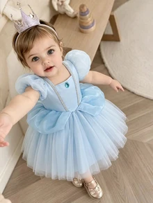 SHEIN Glamorique Kids 女嬰公主禮服，水藍色薄紗，生日正式派對，婚禮度假舞會長裙，泡泡袖，水鑽，派對裝，秋季優雅可愛 - 藍色 - 查看 1