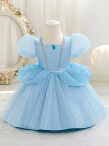 SHEIN Glamorique Kids 女嬰公主禮服，水藍色薄紗，生日正式派對，婚禮度假舞會長裙，泡泡袖，水鑽，派對裝，秋季優雅可愛 - 藍色 - 查看 3