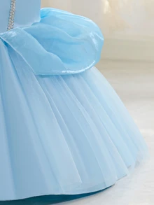 SHEIN Glamorique Kids 女嬰公主禮服，水藍色薄紗，生日正式派對，婚禮度假舞會長裙，泡泡袖，水鑽，派對裝，秋季優雅可愛 - 藍色 - 查看 7