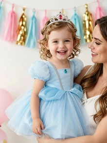 SHEIN Glamorique Kids 女嬰公主禮服，水藍色薄紗，生日正式派對，婚禮度假舞會長裙，泡泡袖，水鑽，派對裝，秋季優雅可愛 - 藍色 - 查看 4