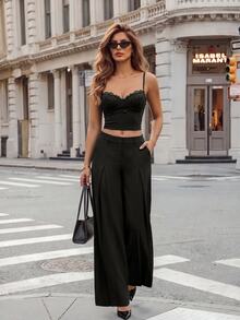 SHEIN PETITE Women's Fashion Commute Solid Color Wide Leg Pants, Elegant Casual Office Business Work, Low-Rise, Petite Black Winter - Black - View 7