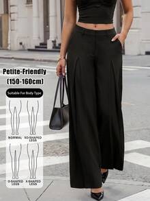 SHEIN PETITE Women's Fashion Commute Solid Color Wide Leg Pants, Elegant Casual Office Business Work, Low-Rise, Petite Black Winter - Black - View 6