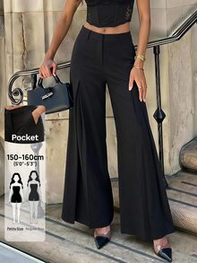 SHEIN PETITE Women's Fashion Commute Solid Color Wide Leg Pants, Elegant Casual Office Business Work, Low-Rise, Petite Black Winter - Black - View 10