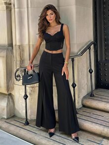 SHEIN PETITE Women's Fashion Commute Solid Color Wide Leg Pants, Elegant Casual Office Business Work, Low-Rise, Petite Black Winter - Black - View 9