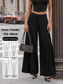 SHEIN PETITE Women's Fashion Commute Solid Color Wide Leg Pants, Elegant Casual Office Business Work, Low-Rise, Petite Black Winter - Black - View 13