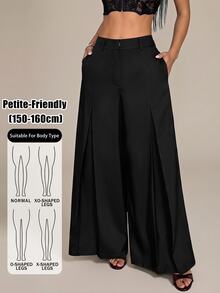 SHEIN PETITE Women's Fashion Commute Solid Color Wide Leg Pants, Elegant Casual Office Business Work, Low-Rise, Petite Black Winter - Black - View 11