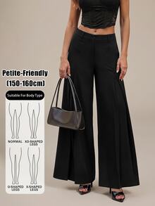 SHEIN PETITE Women's Fashion Commute Solid Color Wide Leg Pants, Elegant Casual Office Business Work, Low-Rise, Petite Black Winter - Black - View 12