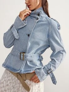 Bohemela Double Breasted Belted Coat - Blue - View 7