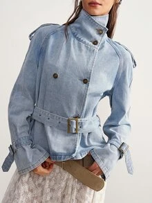 Bohemela Double Breasted Belted Coat - Blue - View 3