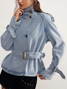 Bohemela Double Breasted Belted Coat - Blue - View 6