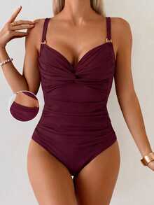 SHEIN Swim 女士沙滩度假纯色金属环装饰交叉褶皱性感吊带背心和短裤套装 - 酒紅色 - 查看 2