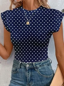 SHEIN LUNE Women's Casual Printed Bodysuit, Suitable For Spring And Summer, Blue And White Polka Dots - Multicolor - View 3