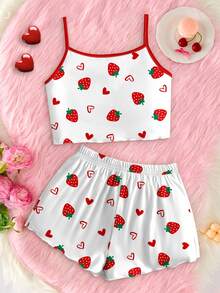 SHEIN LMoss Kids 少女配色細肩帶上衣與短褲休閒日常居家睡衣套裝 - 彩色 - 查看 2