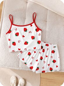 SHEIN LMoss Kids 少女配色細肩帶上衣與短褲休閒日常居家睡衣套裝 - 彩色 - 查看 1