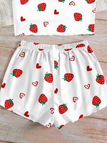 SHEIN LMoss Kids 少女配色細肩帶上衣與短褲休閒日常居家睡衣套裝 - 彩色 - 查看 4