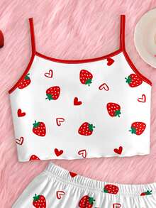SHEIN LMoss Kids 少女配色細肩帶上衣與短褲休閒日常居家睡衣套裝 - 彩色 - 查看 5