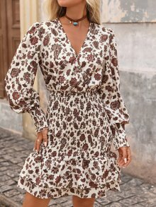 Brillora Women's Casual Retro Vintage 70s Bohemian Romantic Floral Print Short Dress For Vacation, Boho Lantern Sleeve Paisley Tiered Sundress, Beige Autumn - White - View 5