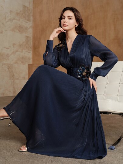 Anewsta Herbst/Winter Neues elegantes modisches Damenlanges Kleid mit glänzender Pailletten-Dekoration, geraffter Taille und vollem Rock für Ausflüge, Feiertage, Büro und Partys