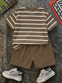 SHEIN LMoss Kids Baby Boy Casual Minimalist T-Shirt Set, Suitable For Summer, Classic Cute Stripes, Animal Parade, Little Car Cartoon Print - Multicolor - View 3