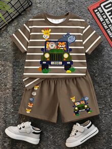 SHEIN LMoss Kids Baby Boy Casual Minimalist T-Shirt Set, Suitable For Summer, Classic Cute Stripes, Animal Parade, Little Car Cartoon Print - Multicolor - View 2