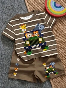 SHEIN LMoss Kids Baby Boy Casual Minimalist T-Shirt Set, Suitable For Summer, Classic Cute Stripes, Animal Parade, Little Car Cartoon Print - Multicolor - View 1