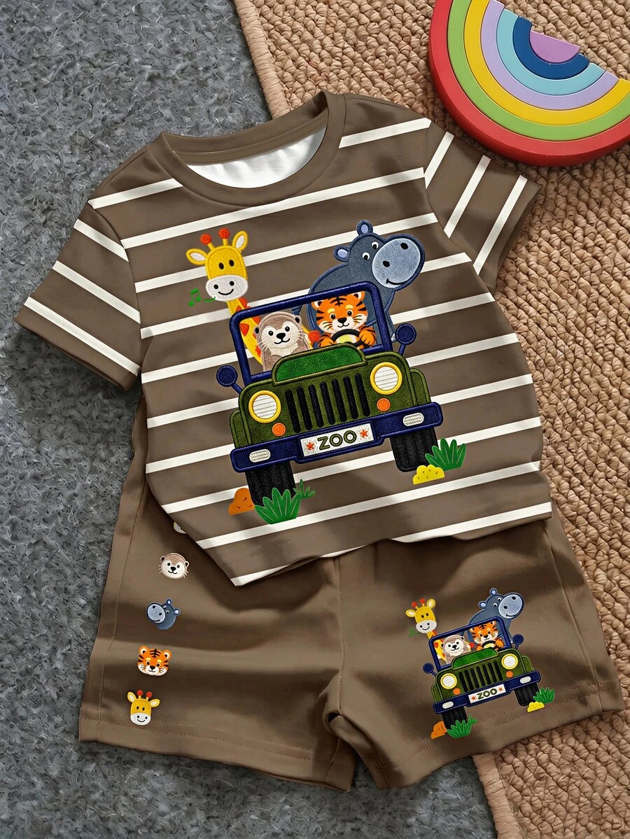 SHEIN LMoss Kids Baby Boy Casual Minimalist T-Shirt Set, Suitable For Summer, Classic Cute Stripes, Animal Parade, Little Car Cartoon Print - Multicolor - View 1