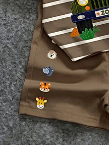 SHEIN LMoss Kids Baby Boy Casual Minimalist T-Shirt Set, Suitable For Summer, Classic Cute Stripes, Animal Parade, Little Car Cartoon Print - Multicolor - View 4