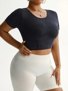 SHEIN Rhythm Era Plus Size Women Seamless Blue Sports Short Sleeve T-Shirt - Navy Blue - View 4