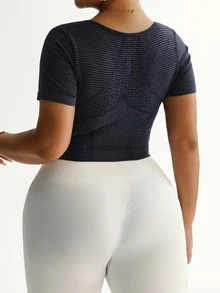 SHEIN Rhythm Era Plus Size Women Seamless Blue Sports Short Sleeve T-Shirt - Navy Blue - View 2