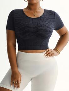 SHEIN Rhythm Era Plus Size Women Seamless Blue Sports Short Sleeve T-Shirt - Navy Blue - View 5