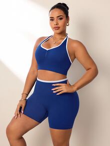 Rhythm Era Seamless High Stretch Plus Size Women Sports Camisole And Shorts Set - Navy Blue - View 5