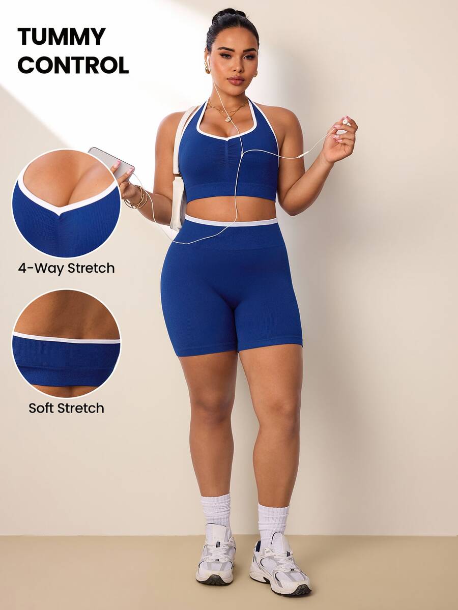 Rhythm Era Seamless High Stretch Plus Size Women Sports Camisole And Shorts Set - Navy Blue - View 1