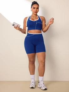 Rhythm Era Seamless High Stretch Plus Size Women Sports Camisole And Shorts Set - Navy Blue - View 6