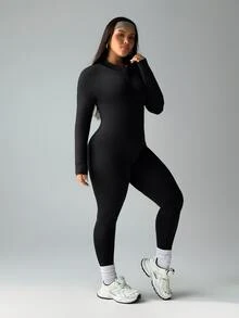 Rhythm Era Plus Size Women's Solid Color Backless Tight Fit Long Sleeve Jumpsuit Fall - Black - View 4