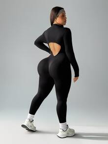 Rhythm Era Plus Size Women's Solid Color Backless Tight Fit Long Sleeve Jumpsuit Fall - Black - View 2