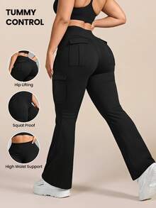 SHEIN Rhythm Era Women's Plus Size Solid Color Cargo Pocket Flare Leggings Gym Black Summer - Black - View 1